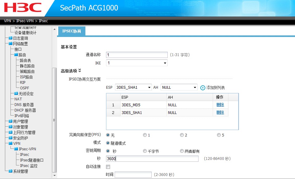 secpath acg1000与u200-a ipsec 野蛮模式的典型配置